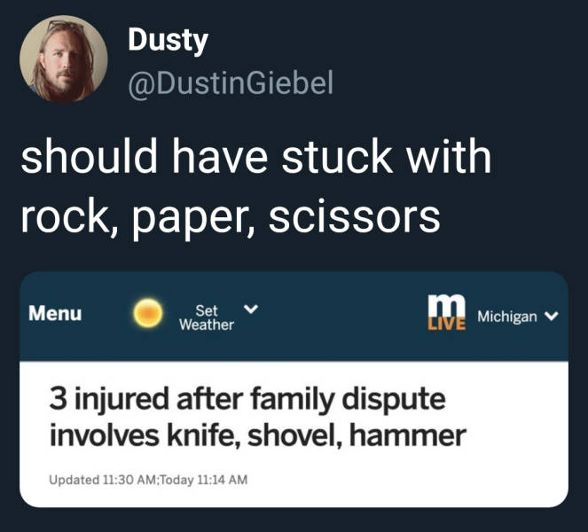 online advertising - Dusty Giebel should have stuck with rock, paper, scissors Menu Set Weather m Michigan 3 injured after family dispute involves knife, shovel, hammer Updated Today