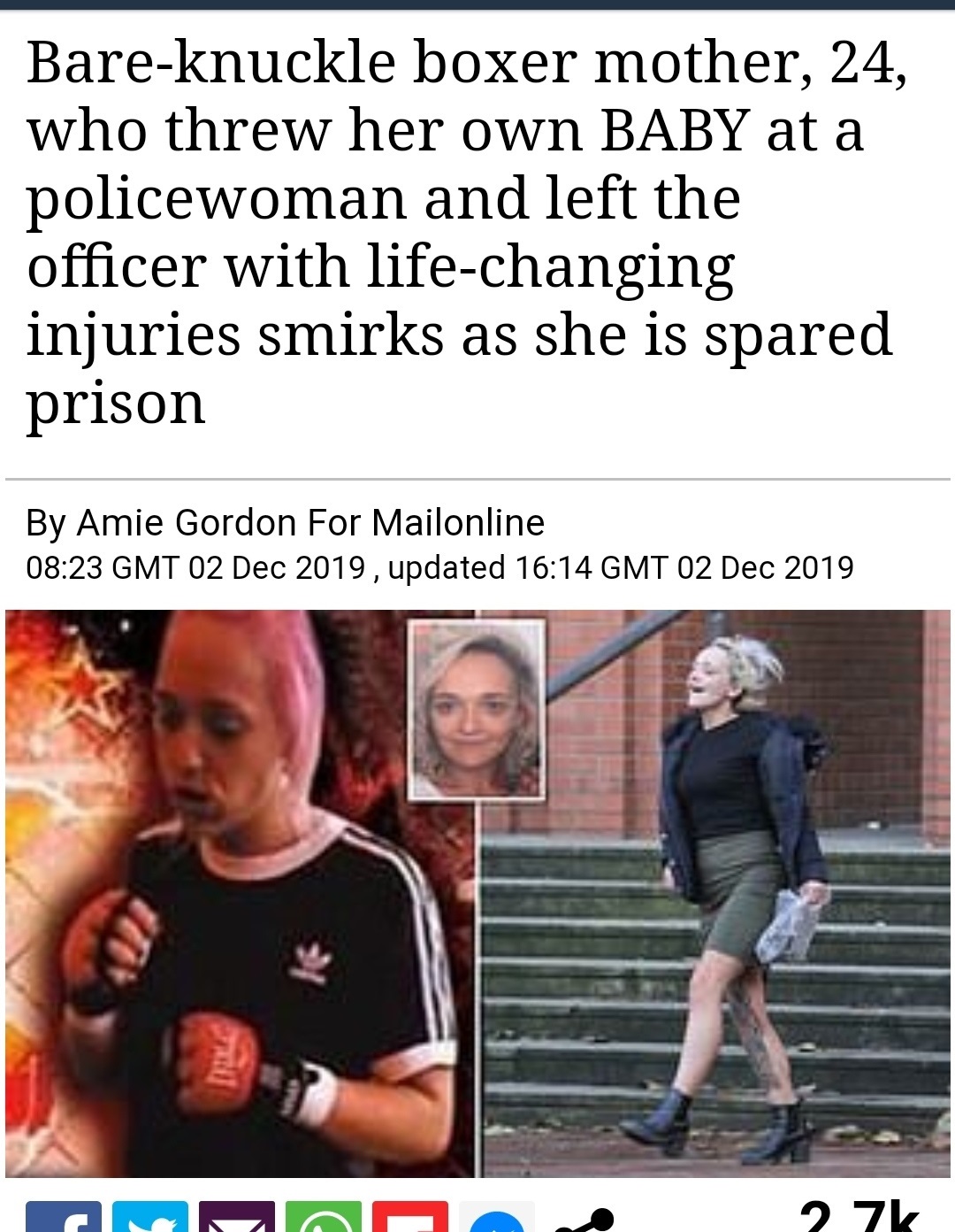 photo caption - Bareknuckle boxer mother, 24, who threw her own Baby at a policewoman and left the officer with lifechanging injuries smirks as she is spared prison By Amie Gordon For Mailonline Gmt , updated Gmt Nu 27k