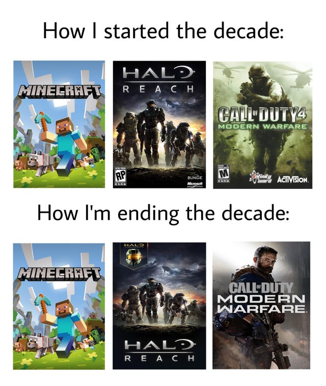 halo reach - How I started the decade Hali Re A Minecraet Call DUTY4 Modern Warfare Sun Bunge M oorenty AllMSION. snifinity Activision How I'm ending the decade Minecraft Call Duty Modern Warfare Hal? Re A
