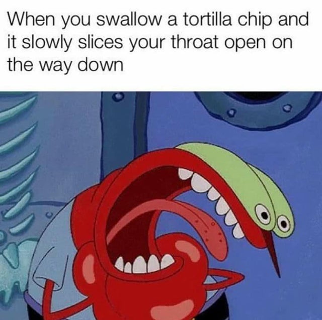 chip slices your throat meme - When you swallow a tortilla chip and it slowly slices your throat open on the way down