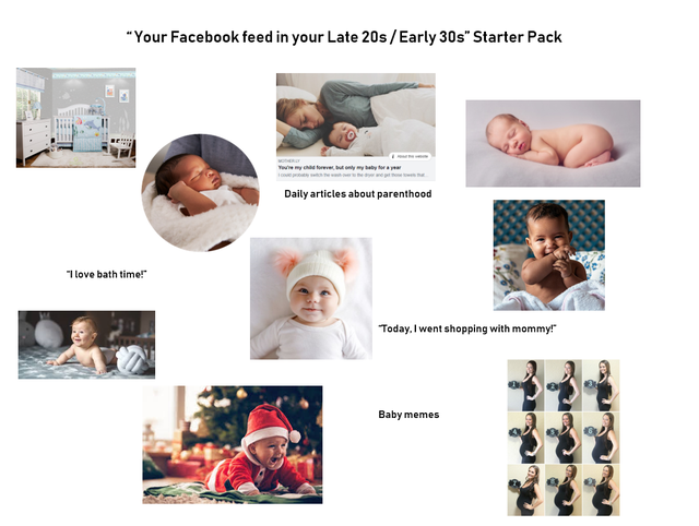 website - "Your Facebook feed in your Late 20sEarly 30s" Starter Pack You're my drevenyy laby for Daily articles about parenthood "I love bath time! Today. I went shopping with mommy!" Baby memes