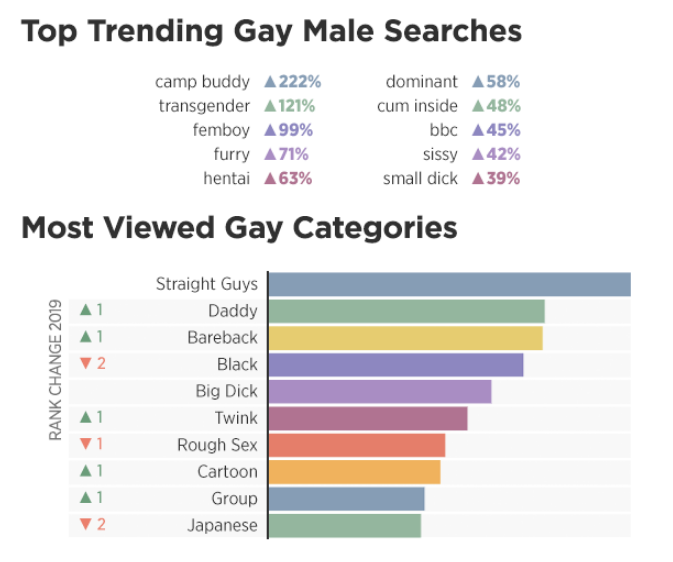pornhub year in review 2019 - diagram - Top Trending Gay Male Searches camp buddy A222% transgender 121% femboy 99% furry 71% hentai A63% dominant 58% cum inside 48% bbc 45% sissy 42% small dick A39% Most Viewed Gay Categories A1 Rank Change 2019 Straight