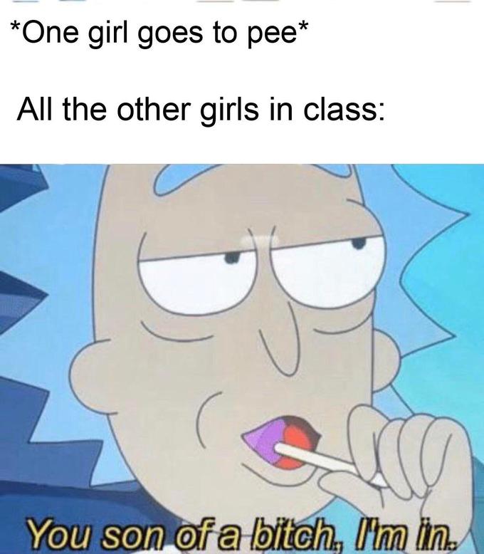 Internet meme - One girl goes to pee All the other girls in class You son of a bitch, I'm in