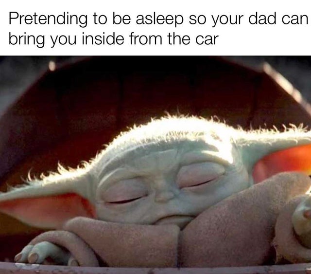 baby yoda meme - Pretending to be asleep so your dad can bring you inside from the car