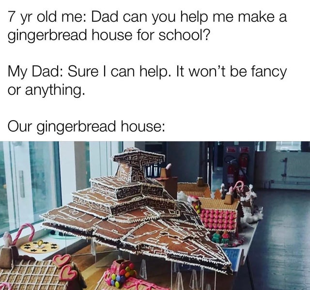 7 yr old me Dad can you help me make a gingerbread house for school? My Dad Sure I can help. It won't be fancy or anything. Our gingerbread house He Suco 09 www Hefeterier Citititi