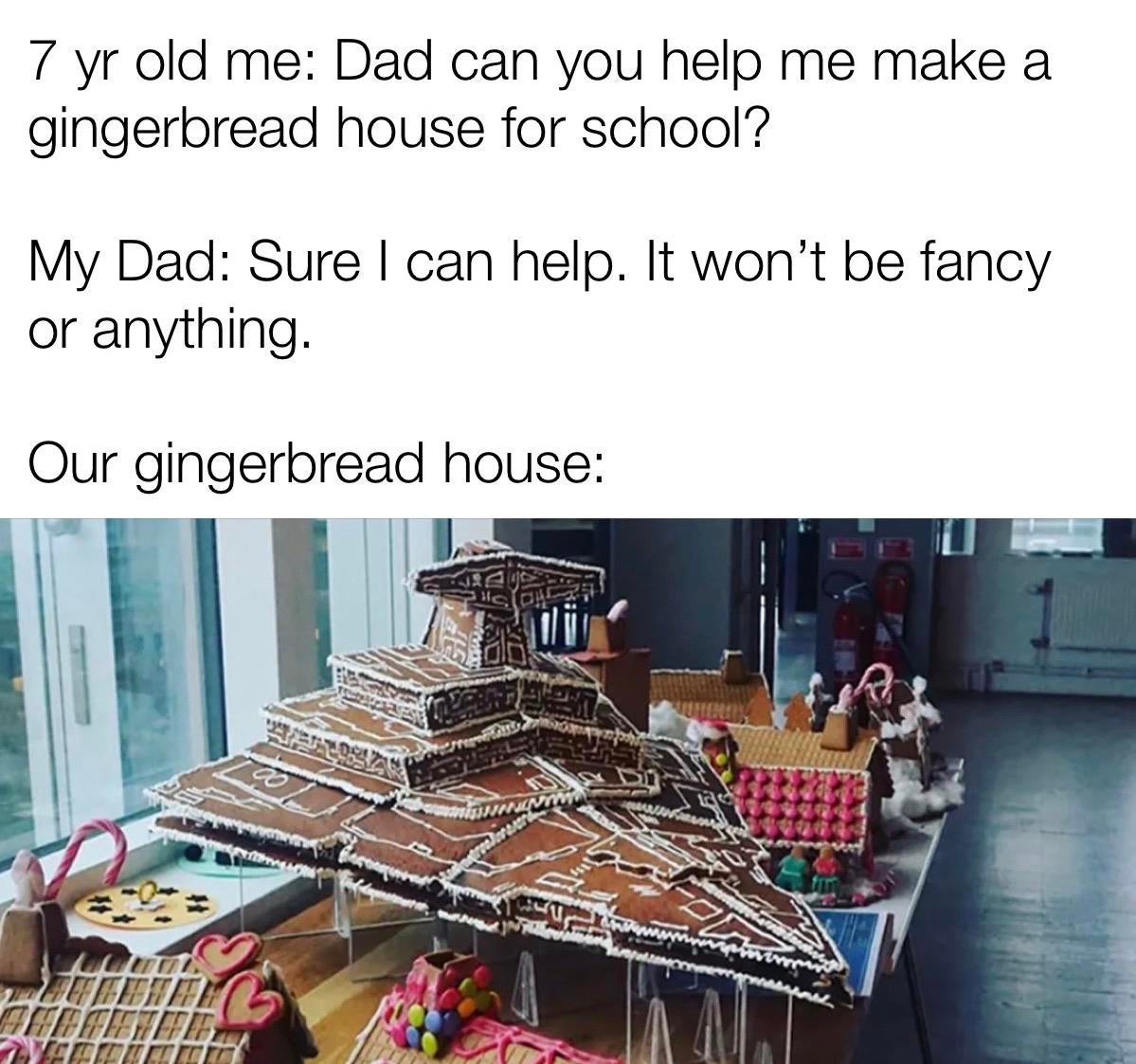 7 yr old me Dad can you help me make a gingerbread house for school? My Dad Sure I can help. It won't be fancy or anything. Our gingerbread house Audi lictos Neve Twittet Tit