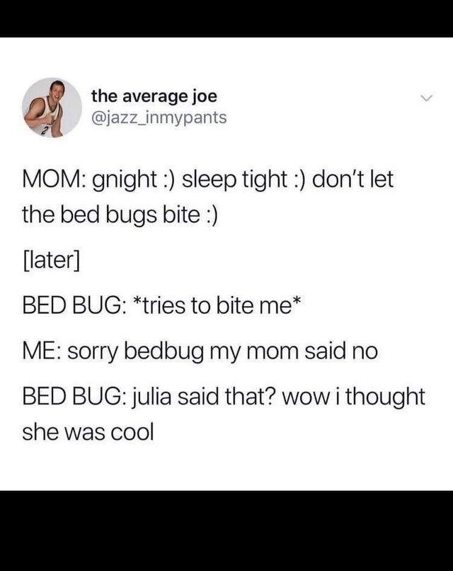 document - the average joe Mom gnight sleep tight don't let the bed bugs bite later Bed Bug tries to bite me Me sorry bedbug my mom said no Bed Bug julia said that? wow i thought she was cool