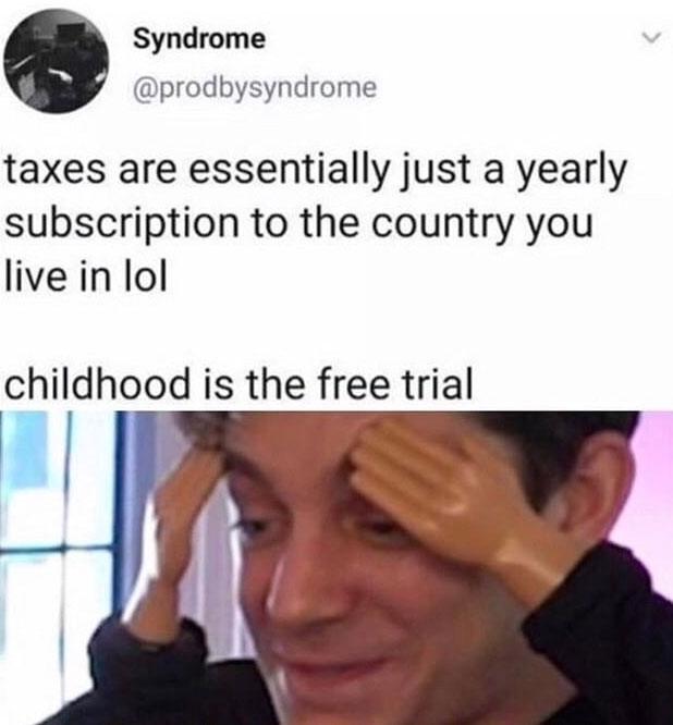 taxes a yearly subscription to the country you live in - Syndrome taxes are essentially just a yearly subscription to the country you live in lol childhood is the free trial