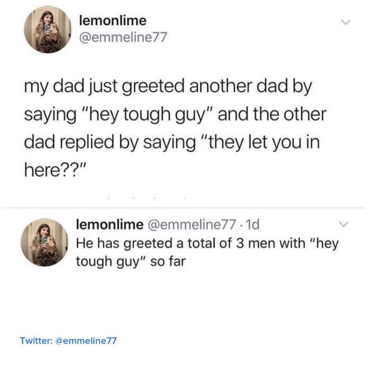 dad meme - lemonlime my dad just greeted another dad by saying "hey tough guy" and the other dad replied by saying "they let you in here??" lemonlime .1d He has greeted a total of 3 men with "hey tough guy" so far Twitter 77