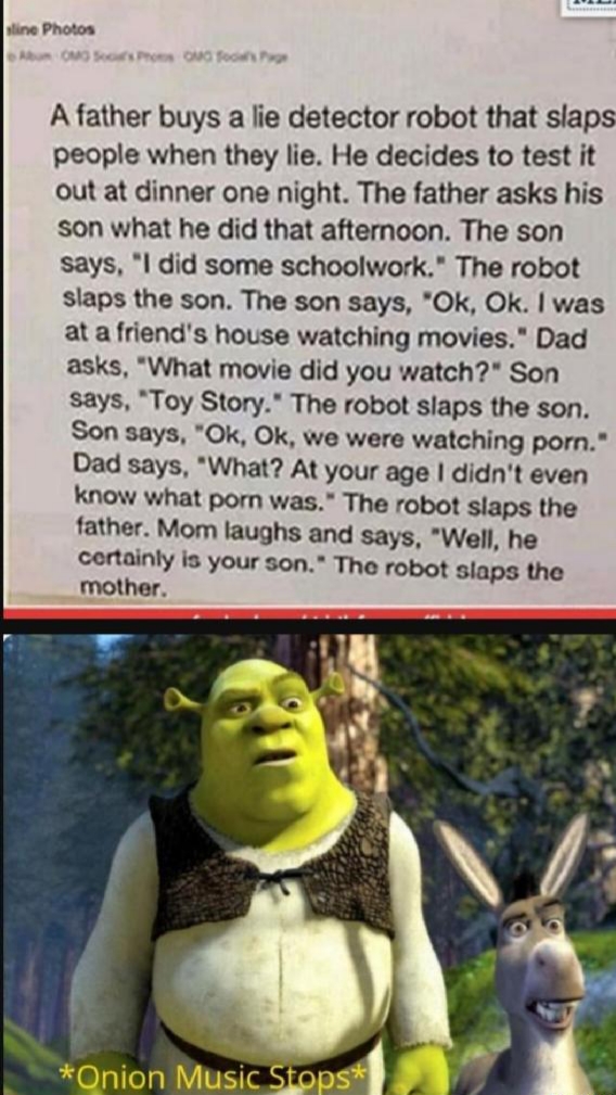 christmas meme - shrek 2 - line Photos Omoros Phoes of A father buys a lie detector robot that slaps people when they lie. He decides to test it out at dinner one night. The father asks his son what he did that afternoon. The son says, "I did some schoolw