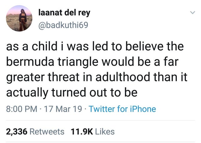 childhood bermuda triangle meme - laanat del rey as a child i was led to believe the bermuda triangle would be a far greater threat in adulthood than it actually turned out to be 17 Mar 19 Twitter for iPhone 2,336