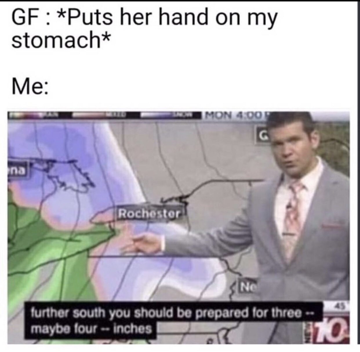 gf puts her hand on my stomach - Gf Puts her hand on my stomach Me Mon Rochester SNe further south you should be prepared for three maybe four inches