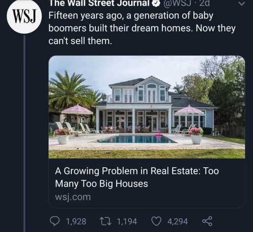 wall street journal - Wsj The Wall Street Journal Fifteen years ago, a generation of baby boomers built their dream homes. Now they can't sell them. A Growing Problem in Real Estate Too Many Too Big Houses wsj.com 1,928 17 1,194 4,294 g