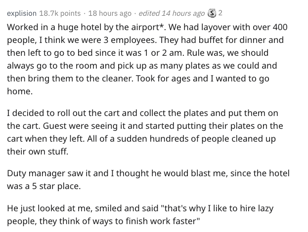 angle - explision points 18 hours ago . edited 14 hours ago 32 Worked in a huge hotel by the airport. We had layover with over 400 people, I think we were 3 employees. They had buffet for dinner and then left to go to bed since it was 1 or 2 am. Rule was,