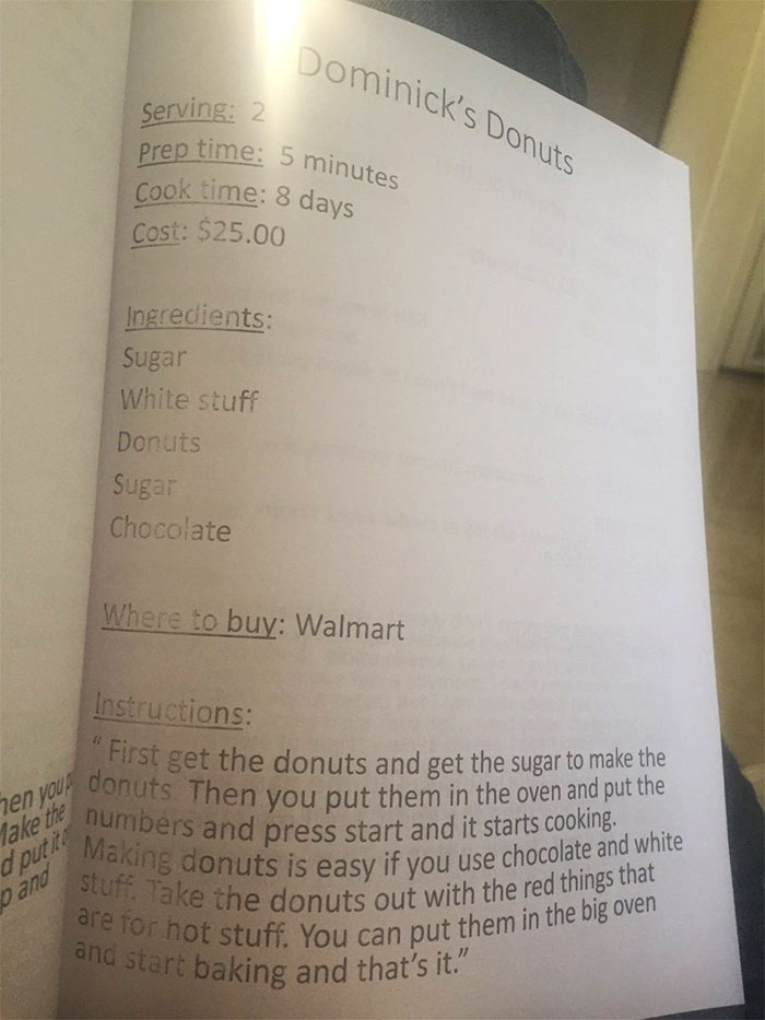 pre k cookbook - Dominick's Donuts Serving 2 prep time 5 minutes Cook time 8 days Cost $25.00 Ingredients Sugar White Stuff Donuts Sugar Chocolate Where to buy Walmart Instructions First get the donuts and get the sugar to make the outs Then you put them 