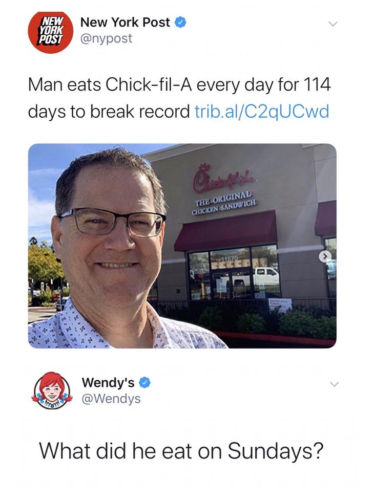 vision care - New York New York Post Post Man eats ChickfilA every day for 114 days to break record trib.alC2qUCwd The Original Chicken Sandwich Wendy's What did he eat on Sundays?