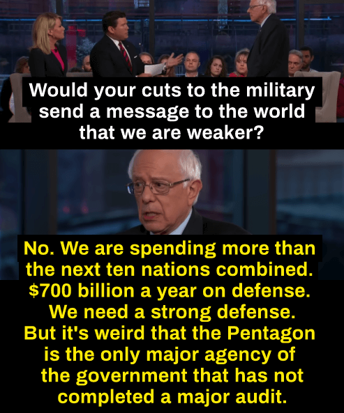 photo caption - Would your cuts to the military send a message to the world that we are weaker? No. We are spending more than the next ten nations combined. $700 billion a year on defense. We need a strong defense. But it's weird that the Pentagon is the 