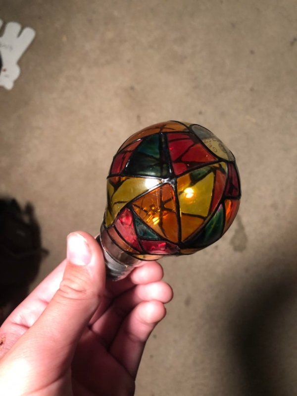 A stained-glass light bulb.