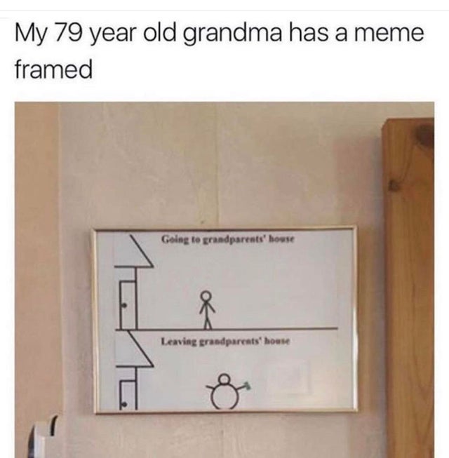 grandma framed a meme - My 79 year old grandma has a meme framed Going to grandparents' house Leaving grandparents' house