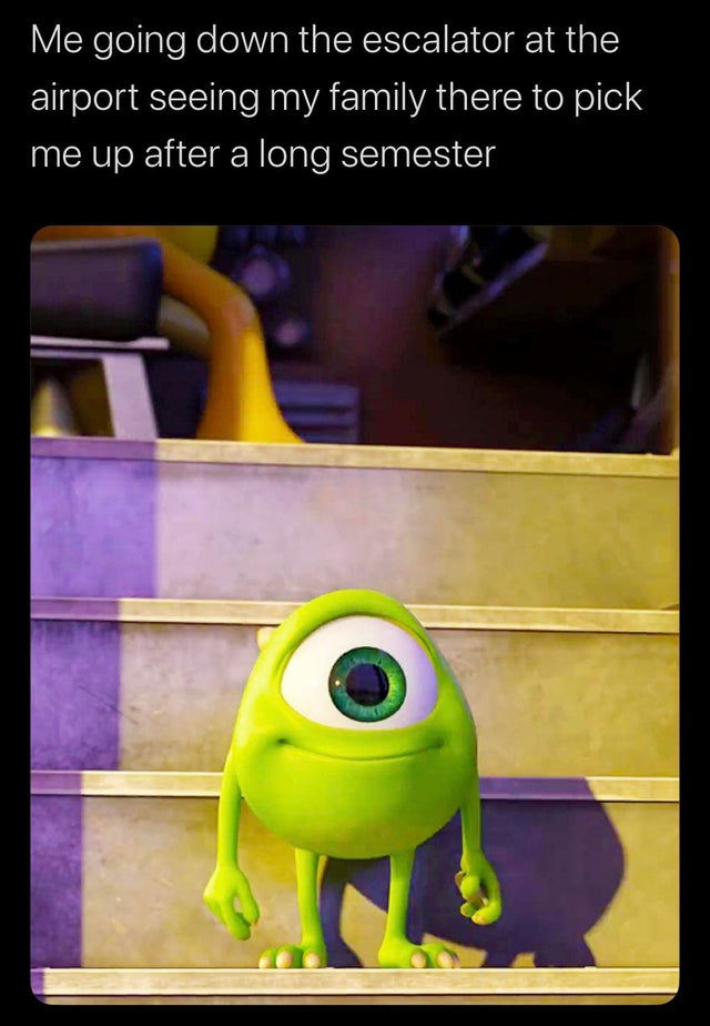 kid mike wazowski - Me going down the escalator at the airport seeing my family there to pick me up after a long semester