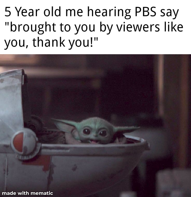 baby yoda memes - 5 Year old me hearing Pbs say "brought to you by viewers you, thank you!" made with mematic
