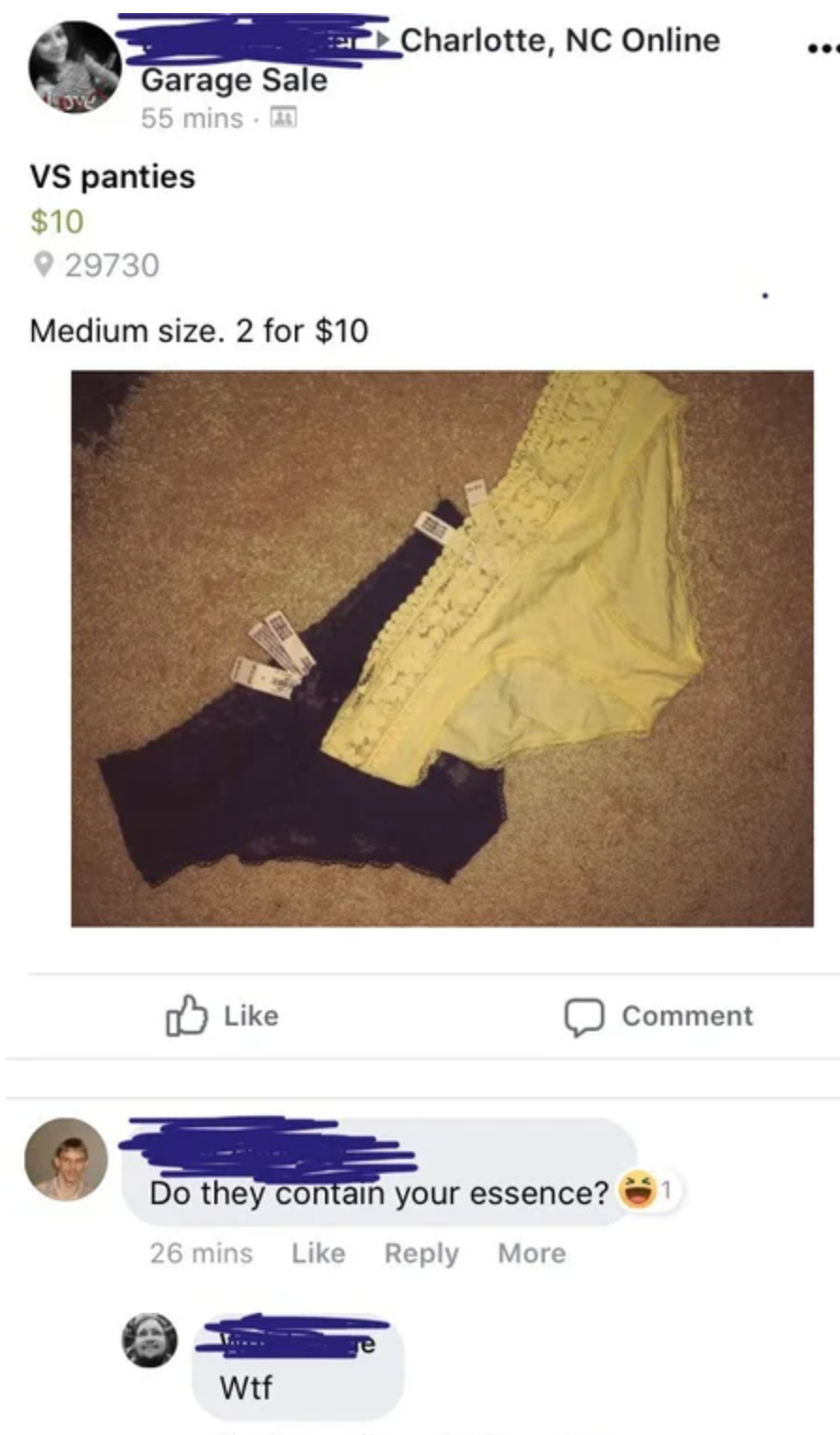 website - Charlotte, Nc Online Garage Sale 55 mins. Vs panties $10 29730 Medium size. 2 for $10 Comment Do they contain your essence? 26 mins More wtf