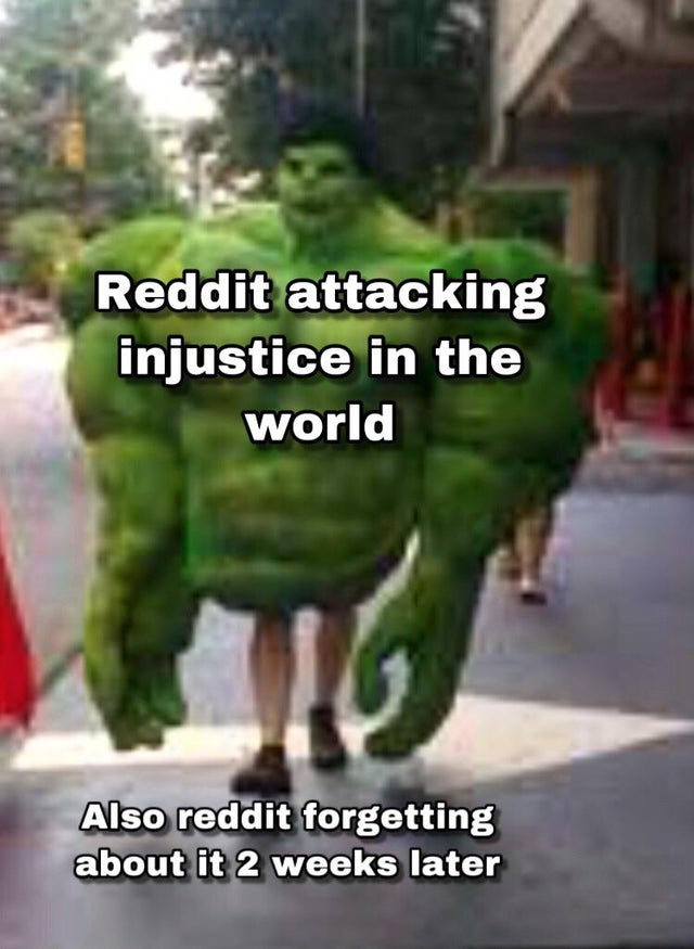 hulk leg day - Reddit attacking injustice in the world Also reddit forgetting about it 2 weeks later
