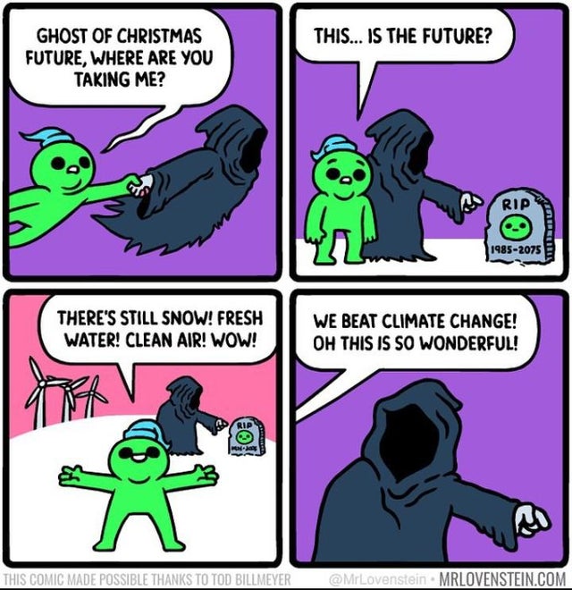 meme - Ghost of Christmas Yet to Come - This... Is The Future? Ghost Of Christmas Future, Where Are You Taking Me? Rip 19852075 There'S Still Snow! Fresh Water! Clean Air! Wow! We Beat Climate Change! Oh This Is So Wonderful! This Comic Made Possible Than