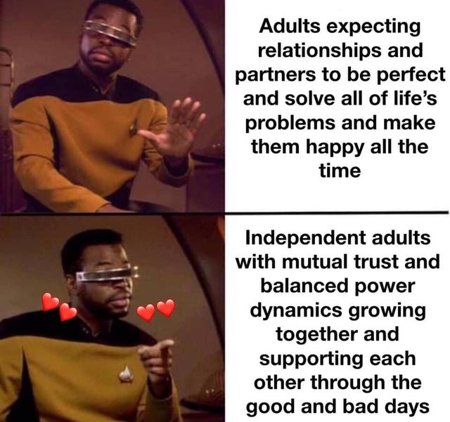 meme - levar burton drake meme - Adults expecting relationships and partners to be perfect and solve all of life's problems and make them happy all the time Independent adults with mutual trust and balanced power dynamics growing together and supporting e