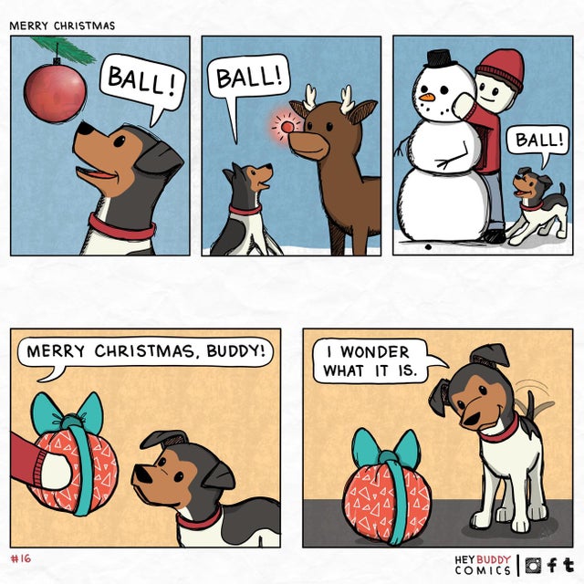 meme - Christmas Day - Merry Christmas Ball! Ball! Ball! Merry Christmas, Buddy! I Wonder What It Is. Ada Comics Oft