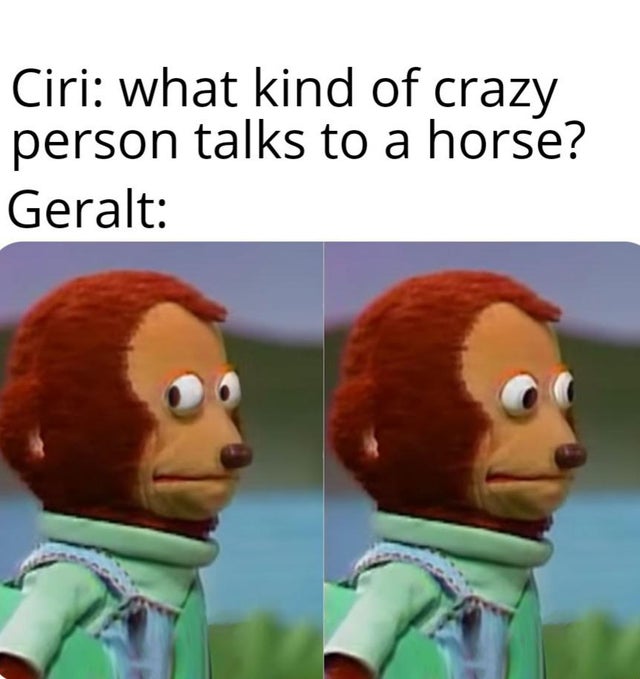 the witcher meme - endgame monkey meme - Ciri what kind of crazy person talks to a horse? Geralt