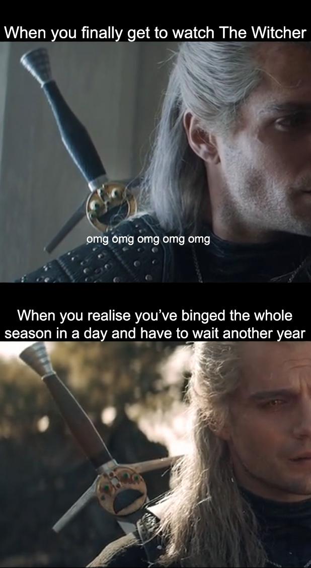 the witcher meme - photo caption - When you finally get to watch The Witcher omg omg omg omg omg When you realise you've binged the whole season in a day and have to wait another year