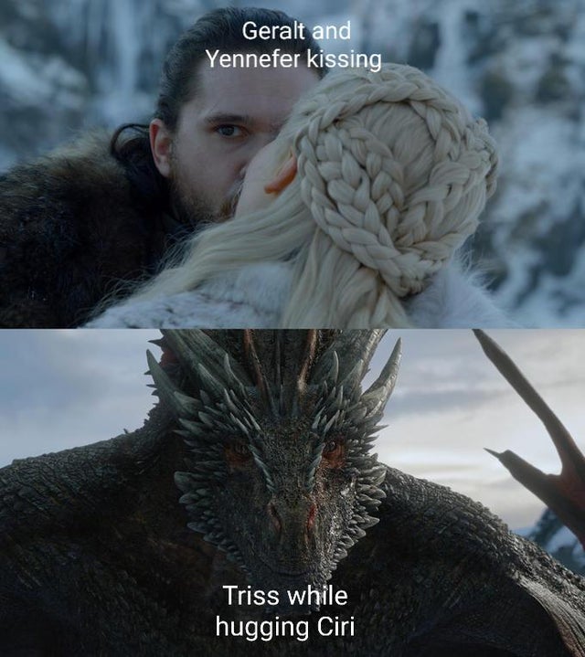 the witcher meme - meme drogon - Geralt and Yennefer kissing Triss while hugging Ciri