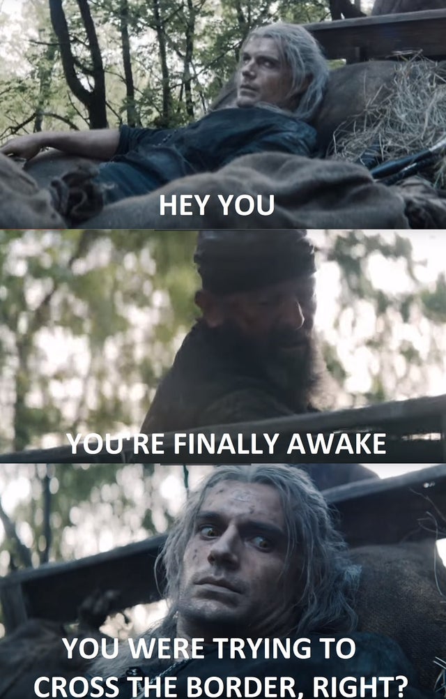 the witcher meme - photo caption - Hey You You'Re Finally Awake You Were Trying To Cross The Border, Right?