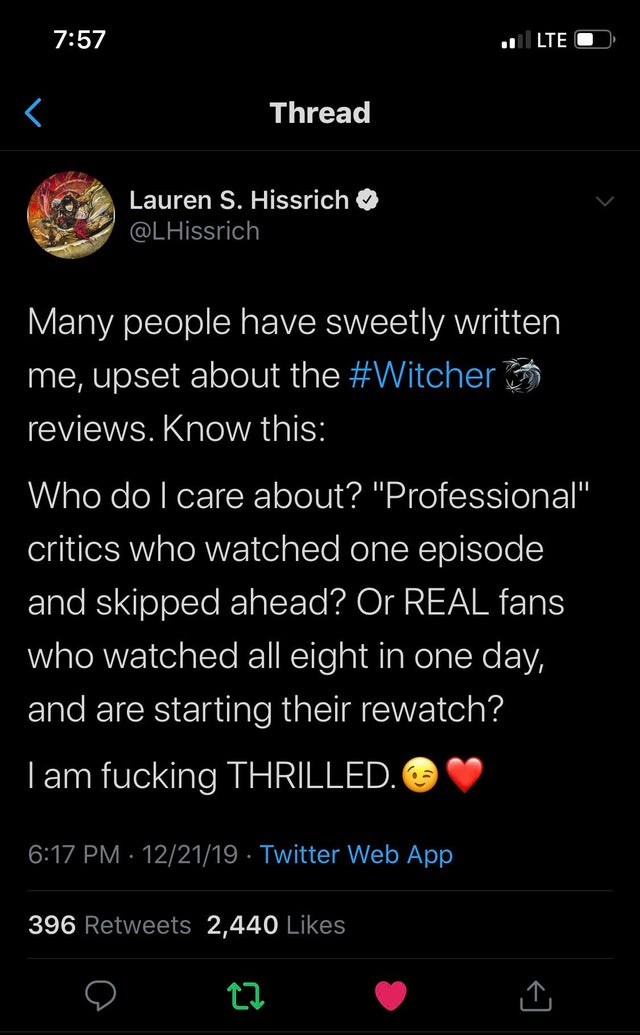 the witcher meme - screenshot - Lte O Thread Lauren S. Hissrich Many people have sweetly written 'me, upset about the 3 reviews. Know this Who do care about?