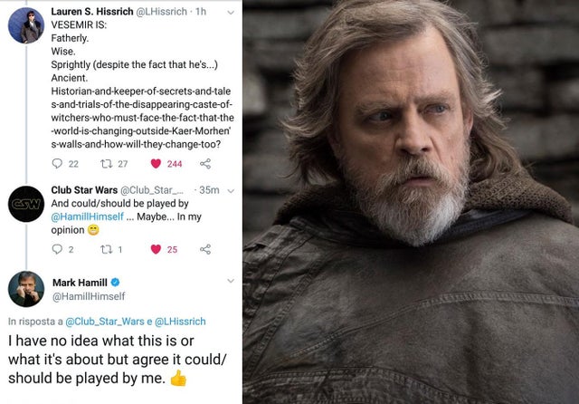 the witcher meme - serie mark hamill medieval - Lauren S. Hissrich .Hissrich 1h Vesemir Is Fatherly. Wise. Sprightly despite the fact that he's... Ancient Historianandkeeperofsecretsandtale sandtrialsofthedisappearingcasteof witcherswhomustface the fact t