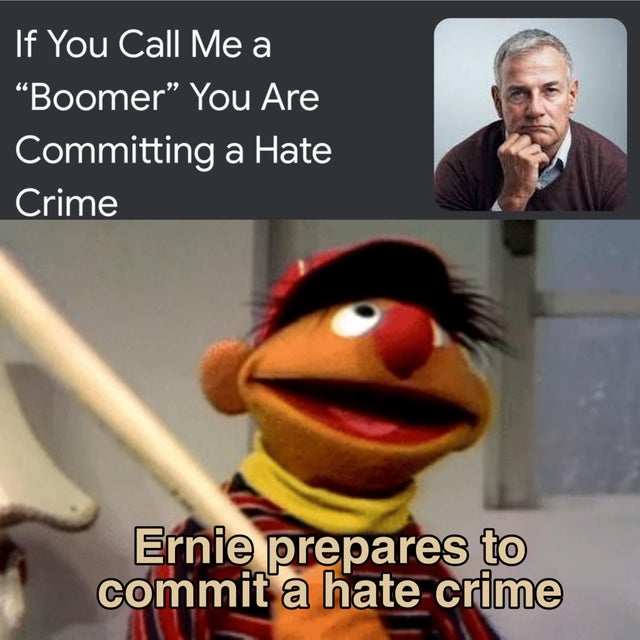 best meme - ok boomer memes - If You Call Me a Boomer" You Are Committing a Hate Crime Ernie prepares to commit a hate crime