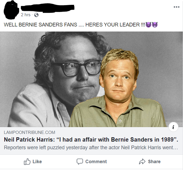 human behavior - 2 hrs. Well Bernie Sanders Fans .... Heres Your Leader !!! Lampoontribune.Com Neil Patrick Harris "I had an affair with Bernie Sanders in 1989". Reporters were left puzzled yesterday after the actor Neil Patrick Harris went... Comment
