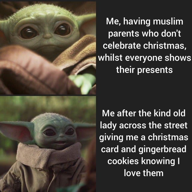 wholesome - baby yoda - Me, having muslim parents who don't celebrate christmas, whilst everyone shows their presents Me after the kind old lady across the street giving me a christmas card and gingerbread cookies knowing 1 love them