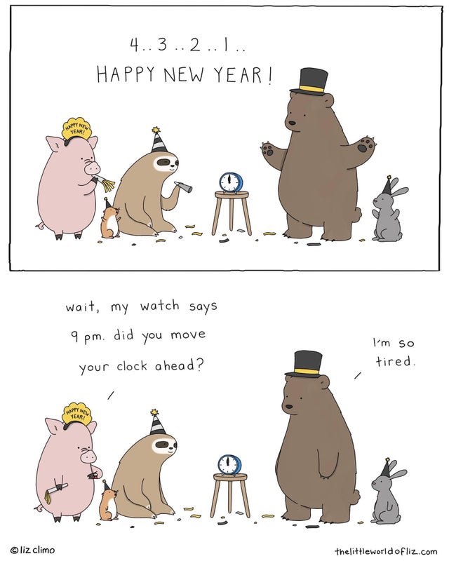 wholesome - cartoon - 4..3..2..1.. Happy New Year! City Na Teari wait, my watch says 9 pm. did you move I'm so tired your clock a head? liz Climo thelittleworld of liz.com