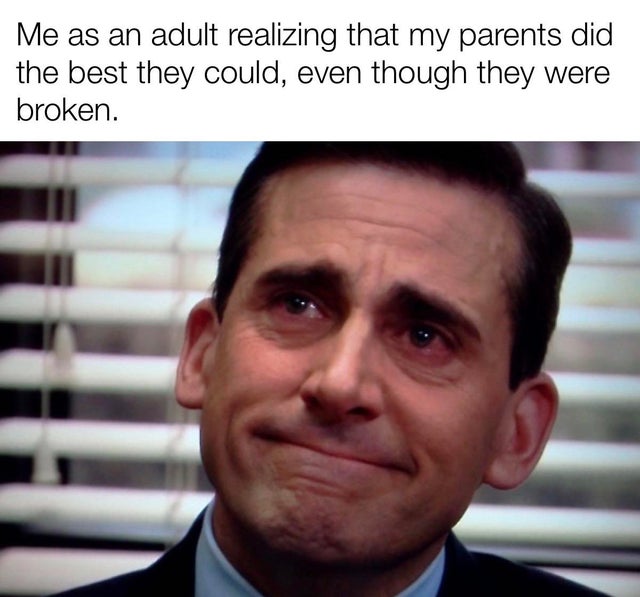 wholesome - steve carell crying office - Me as an adult realizing that my parents did the best they could, even though they were broken.