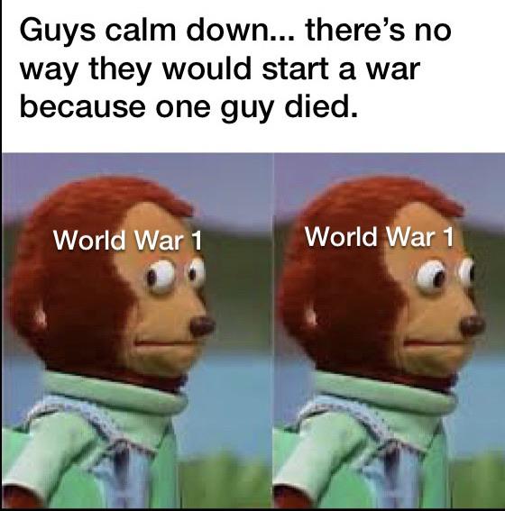 WWIII - endgame monkey meme - Guys calm down... there's no way they would start a war because one guy died. World War 1 World War 1