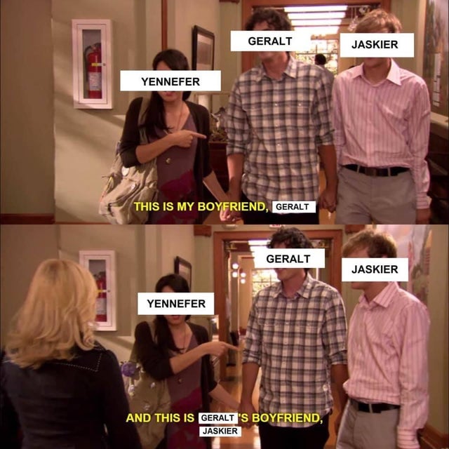 Geralt, Jaskier, and Yennefer love triangle meme