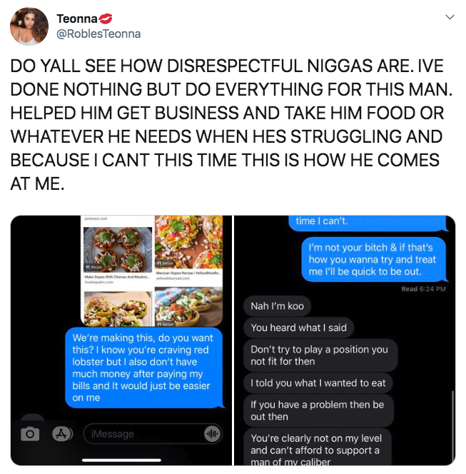 Red Lobster - Teonna Teonna Do Yall See How Disrespectful Niggas Are. Ive Done Nothing But Do Everything For This Man. Helped Him Get Business And Take Him Food Or Whatever He Needs When Hes Struggling And Because I Cant This Time This Is How He Comes A