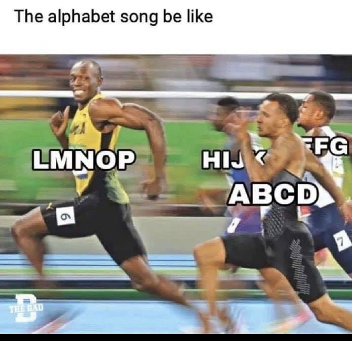 usain bolt smile - The alphabet song be Ffg Lmnop Abcd