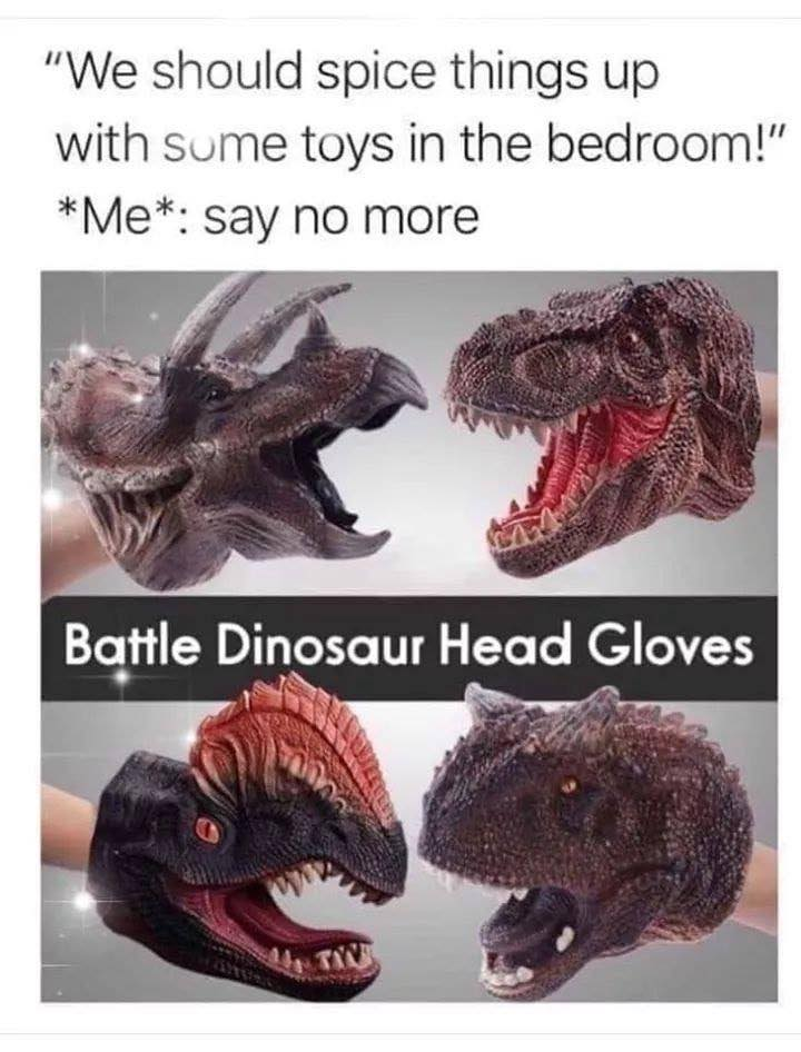 battle dinosaur head gloves - "We should spice things up with some toys in the bedroom!" Me say no more Battle Dinosaur Head Gloves