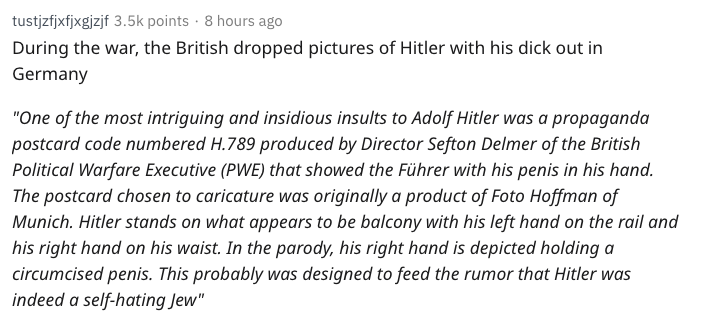 nsfw history - document - tustjzfxfjxgizjf points. 8 hours ago During the war, the British dropped pictures of Hitler with his dick out in Germany "One of the most intriguing and insidious insults to Adolf Hitler was a propaganda postcard code numbered H.