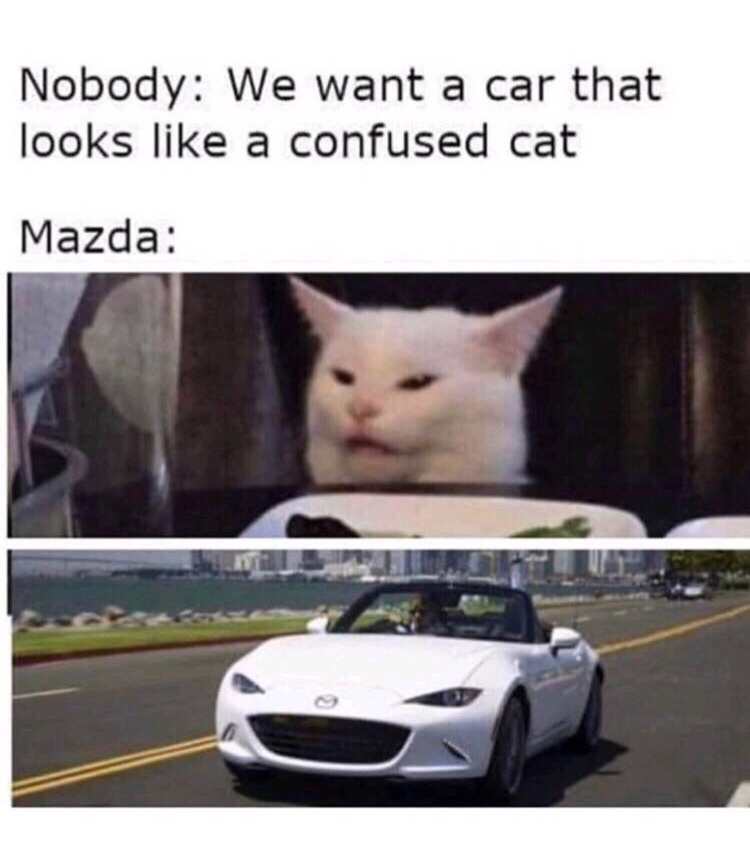 Smudge the cat from the Woman yelling at a cat meme with the text 'nobody - we want a car that looks like a confused cat' 'Mazda -' and then a picture of a Mazda Miata that looks like Smudge