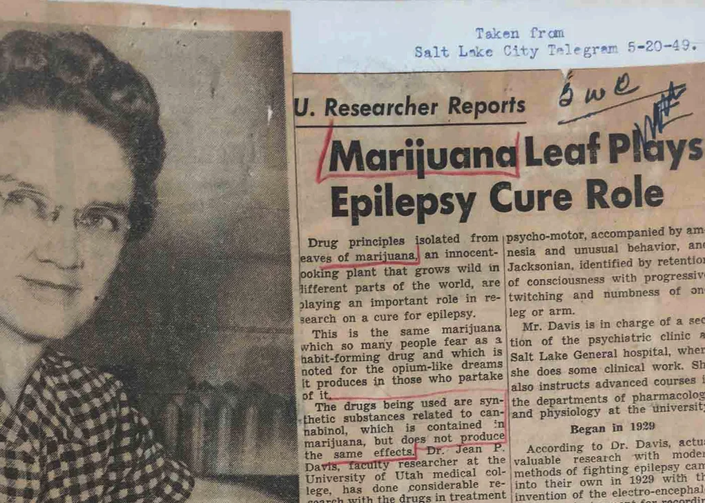 newspaper - Taken from Salt Lake City Telegram 52049. U. Researcher Reports a Marijuana Leaf Plays Epilepsy Cure Role Drug principles isolated from psychomotor, accompanied by am eaves of marijuana, an innocent nesia and unusual behavior, an ooking plant 