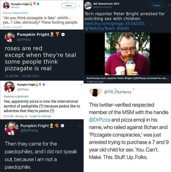 dr pizza sexualize - Ol Pumpkin Frighto All American Girl Commencang allow do you think pizzagate is fake" uhhhh... yes...? , obviously? These fucking people. Tech reporter Peter Bright arrested for soliciting sex with children twitchy.comgregp35342014 Te